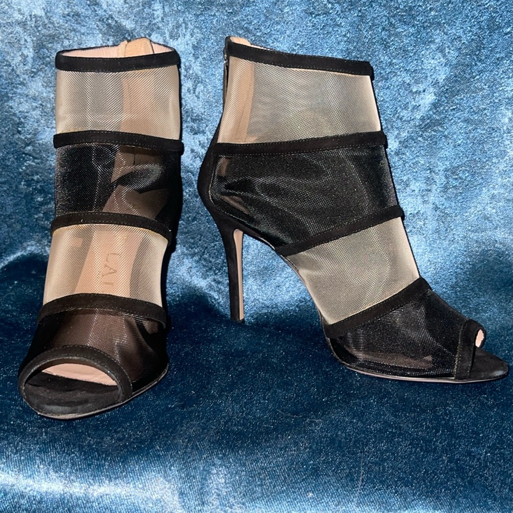 APERLAI Nude and Black Mesh Heels